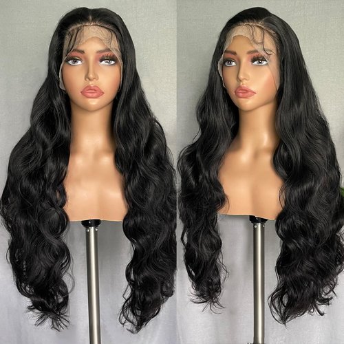 SOKU 13x6 Lace Front Wigs Synthetic 28 Inch Body Wave Wigs with Baby Hair Free Part Lace Frontal Wigs Pre Plucked Natural Black Wave Lace Front Wigs for Women Girls High Temperature Fiber