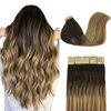 DOORES 20pcs 50g Hair Extensions Tape in Balayage Dark Brown to Chestnut Brown and Dirty Blonde Tape in Human Hair Extensions Real Hair Glue in Extensions Straight 16 Inch
