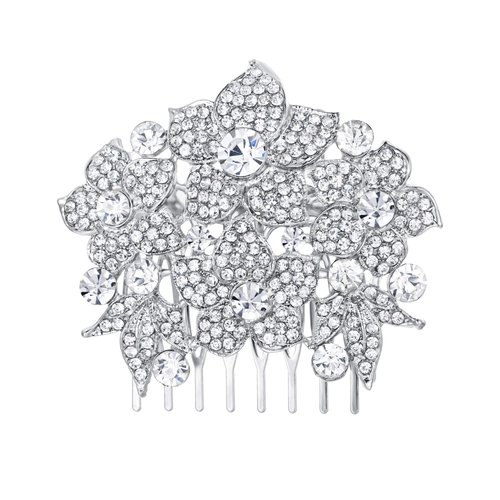 Flyonce Women's Austrian Crystal Flower Leaf Cluster Wedding Bridal Hair Comb Clear Silver-Tone