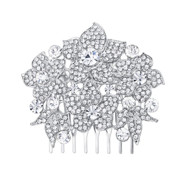 Flyonce Women's Austrian Crystal Flower Leaf Cluster Wedding Bridal Hair Comb Clear Silver-Tone