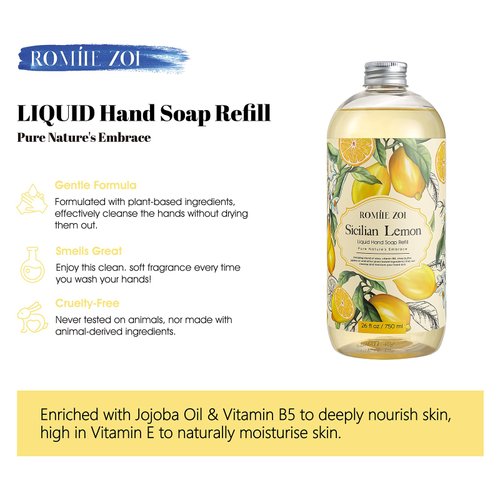ROMIIE ZOI Liquid Hand Soap Refill, Lemon, Gentle & Moisturizing Formula, 750 ML/ 26 FL OZ