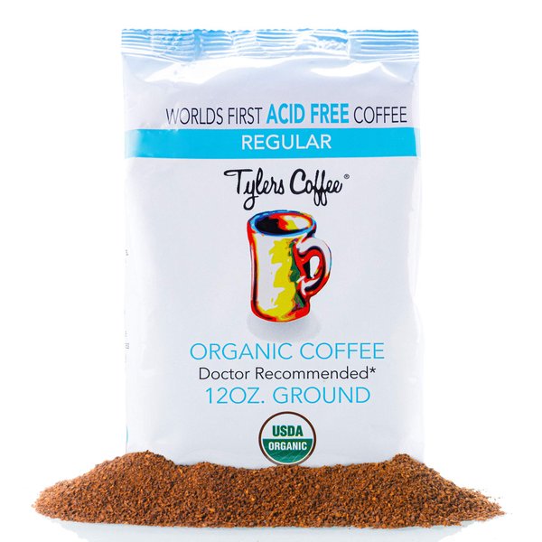 Tyler’s Acid Free Organic Ground Coffee - 100% Arabica Full Flavor - Caffeinated No Bitter Aftertaste - For Acid Free Diets- Natural and Organic Blend for Common GI Issues 12 oz