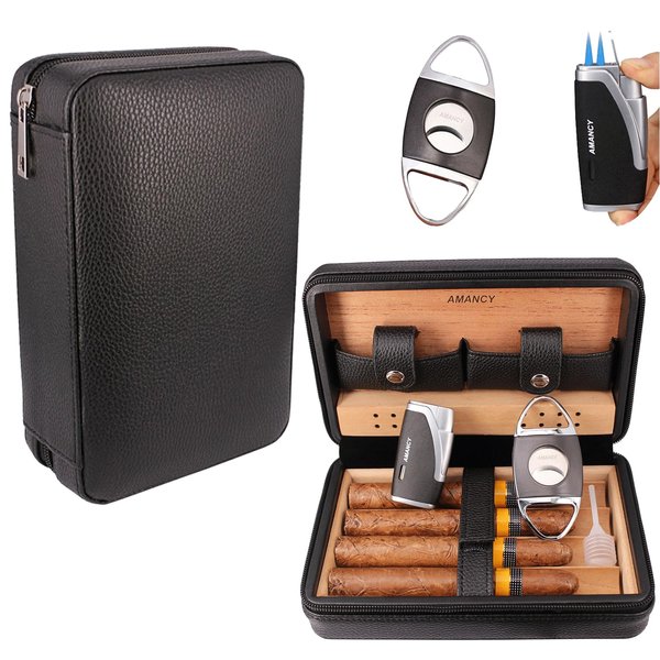 AMANCY Classic Black Leather 4 Cigar Travel Case Humidor with Cutter and Lighter Great Cigar Accessory Gift Set