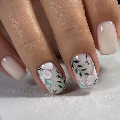 24 Pcs Acrylic Press on Nails Square Short False Nails with Glue Spring Fake Nails with Flower Green Leaf Preppy Nails Press ons Glossy Glue on Nails Full Cover Stick on Nails Floral Nails for Women