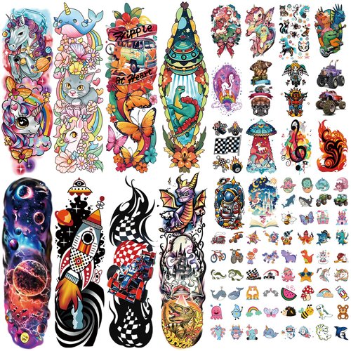 52 Pcs Temporary Tattoo for Kids Full Arm Castle Butterfly Cat Truck Dinosaur Rocket Planet Cute Animal Body Face Fake Arm Tattoos for Girls Boys Tiny Tattoo Stickers Birthday Gifts Party Supplies