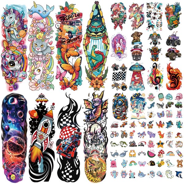 52 Pcs Temporary Tattoo for Kids Full Arm Castle Butterfly Cat Truck Dinosaur Rocket Planet Cute Animal Body Face Fake Arm Tattoos for Girls Boys Tiny Tattoo Stickers Birthday Gifts Party Supplies