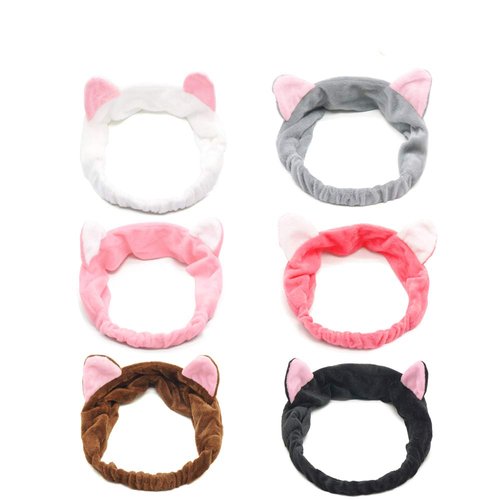 6-PACK Cat Ears Headbands, Elastic Women's Cute Hair Band, Wash Face Spa Headband - Washable Facial Band Makeup Wrap Headbands Fits All Head Sizes