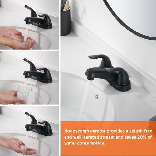 KPWATER Bathroom Sink Faucet Dual Handles 4" Centerset Black Sink Faucet for Bathroom with Pop-up Drain Stopper, Non-Metallic Basin faucets with Supply Hose, Metallic Plating Over ABS Plastic