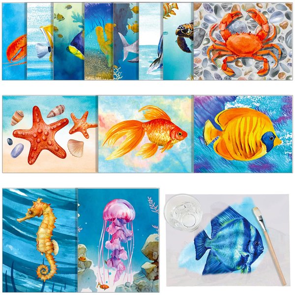 Glenmal 20 Pcs Dementia Products for Elderly Alzheimers Activities Ocean Life Reusable Water Painting Pads with 1 Painting Brush for Elderly Drawing Gifts