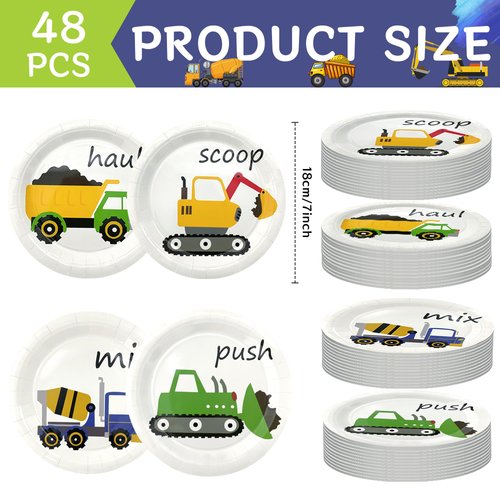 ITTEBISS 48PCS Construction Plates 7" Construction Party Plates, Construction Birthday Plates Construction Paper Plates Excavator Birthday Party Supplies for Kids Toddlers Boys Girls