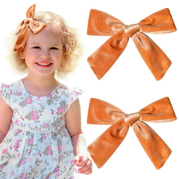 CEELGON 2PCS 5" Big Velvet Bows for Girls Fall Hair Bows for Toddler Girls Orange Brown Hair Clips Hair Accessories For Little Girl Pigtail Bows