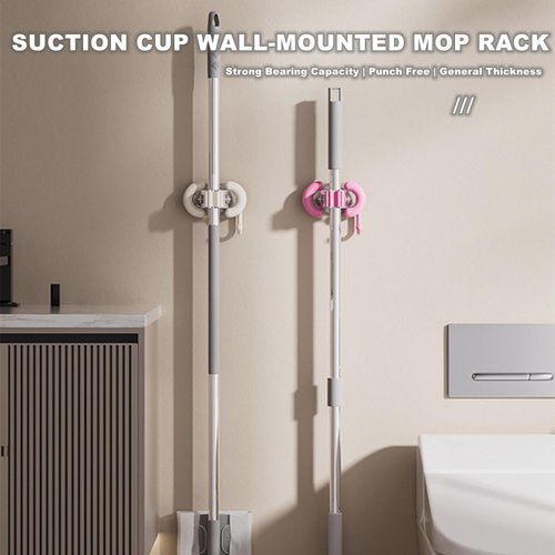 Mop Broom Holder with Hook Suction-cup Type Mop Broom Organizer Wall Mounted with Hanger for Kitchen Bathroom Drill Free Mop Broom Gripper Cleaning Supplies Organizer Utility Holder, Cream White