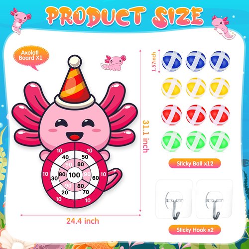 HyDren Axolotl Party Game 31x24 Axolotl Dart Board with 12 Sticky Balls Axolotl Party Favors Axolotl Birthday Party Decor Gift for Indoor Outdoor Game