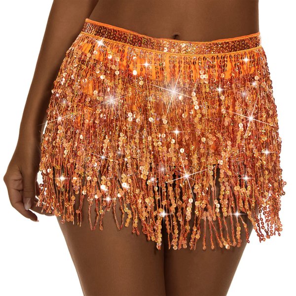 Zando Festival Clothing for Women Rave Belly Dance Skirt Tassel Sequin Hip Scarf Disco Space Cowgirl Outfit Sparkly Fringe Wrap Skirts Belt Dance Performance Accessories Orange One Size