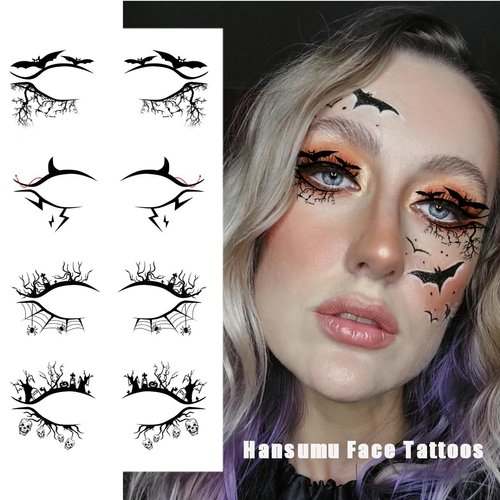 4 Pcs Halloween Eyeliner Stickers Face Tattoos Scary Spider Skull Bat Witch Eye Shadow Black Makeup for Women Party Decorations (Black Style1)