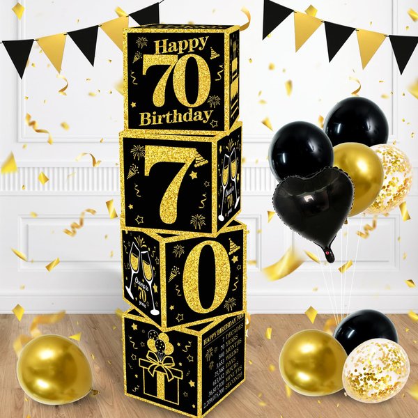 TONIFUL 4 Pcs 70th Birthday Decorations Boxes for Men Women,Seventy Years Old Birthday Cardboard Box Party Supplies,Black and Gold 70th Birthday Party Decorations