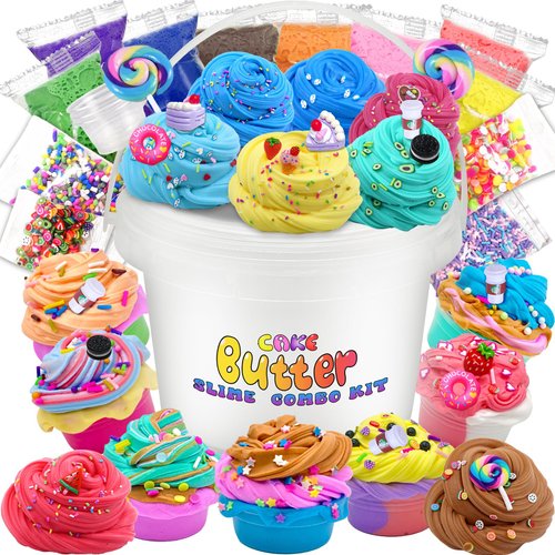 Desserts Butter Slime Bucket Kit for Girls and Boys - Soft White Premade Scented Slime Kit,Including 7pack Colorful Soft Clay,Super Soft and Non-Sticky, Stress Relief Toys, Party Favors for Kids