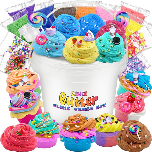 Desserts Butter Slime Bucket Kit for Girls and Boys - Soft White Premade Scented Slime Kit,Including 7pack Colorful Soft Clay,Super Soft and Non-Sticky, Stress Relief Toys, Party Favors for Kids