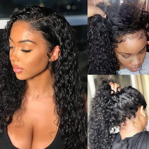 Pizazz 13x4 Human Hair Lace Front Wigs for Black Women Glueless 180 Density HD Transparent Deep Wave Frontal wig with Baby Hair Pre Plucked Bleached Knots(14 Inch, Black color)