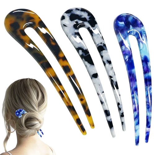 3PCS U Shaped Hair Pins For Girls Hairstyle, Acetate French Style Hair Pin Fork, Vintage Thicker Hair Clips 4.7” (Chic)
