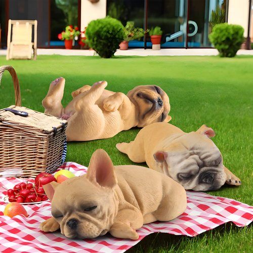 BRETOYIN 3PCS Bulldogs Figurines Realistic 1-3Inch Puppy Party Decorations for Girls Sleeping Dog Figurines for Kids Dogs Figures Bulldog Toys Dollhouse Christmas Birthday Gift