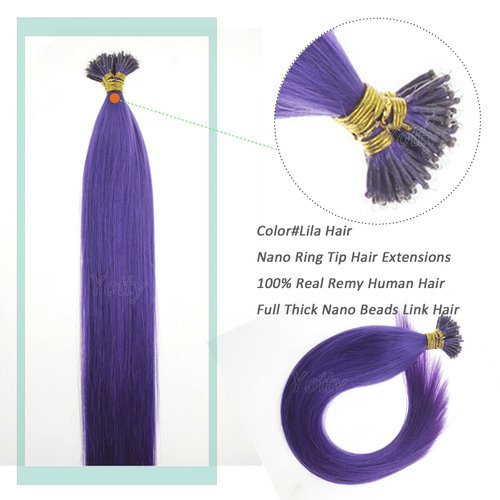 Nano Ring Hair Extensions Human Hair Keratin Cold Fusion Nano Tip Micro Nano Beads Link Thick Hair Balayage Highlight Ombre Real Remy Hair 1g/s (16inch50gr50s, Purple)