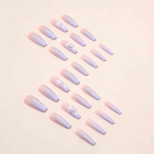 Foccna Purple Fake Nails Sequins Glitter Acrylic Flower Design Artificail Long Press on Nails, Purple Full Cover Fake Nails 3D Butterfly Rhinestone with Design Nail Tips for Women&Girls-24PCS