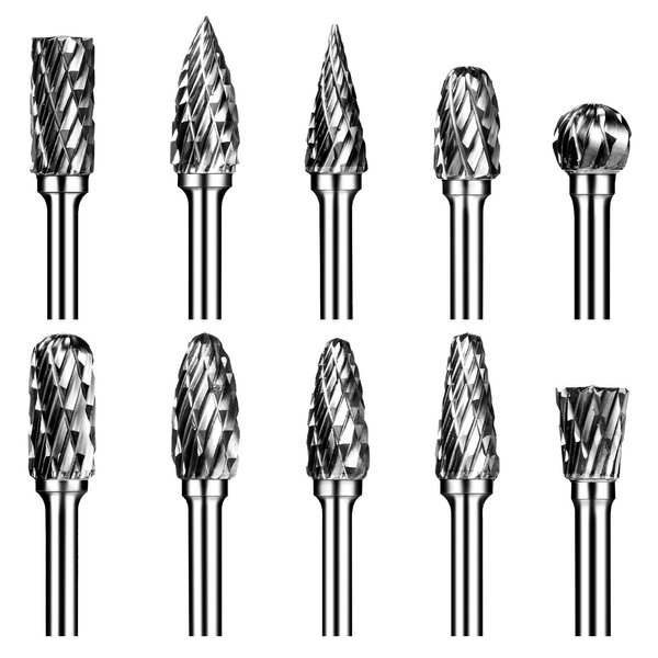 Carbide Burr Set, Die Grinder Bits, 10 PCS 1/8" Shank Double Cut Tungsten Carbide Rotary Burrs Set Compatible with Dremel Bits for Metal Wood Carving Engraving Polishing