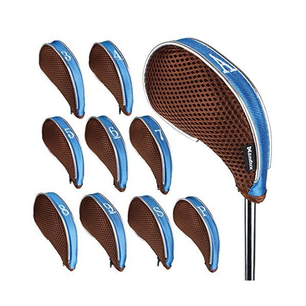 Andux Mesh Golf Iron Club Head Covers with Zipper Left and Right Handed 10pcs/Set (Coffee/Blue)