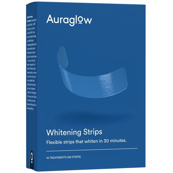 Auraglow Teeth Whitening Strips, 28 Strips, 14 Day Treatment, Enamel Safe, Whiten Teeth, Hydrogen Peroxide Strips