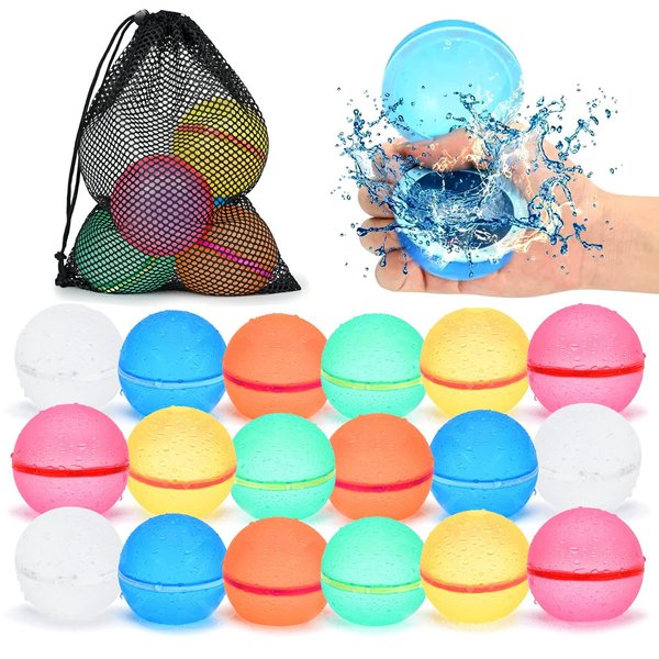 98K Reusable Water Balloons 18Pcs with Mesh Bag, Self Sealing Silicone Ball Latex-Free, No Clean Hassle, Easy to Fill, Summer Water Toys Swimming Pool Beach Park Yard Outdoor Party Supplies