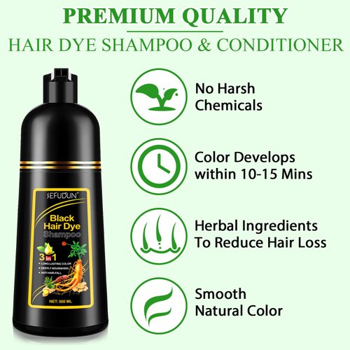 Black Hair Dye Shampoo 3 in 1 Hair Color Shampoo Instant Hair Dye Shampoo for Gray Hair, Herbal Ingredients Black Hair Shampoo for Women Men 100% Gray Coverage - Lasts 30 Days, 500ml