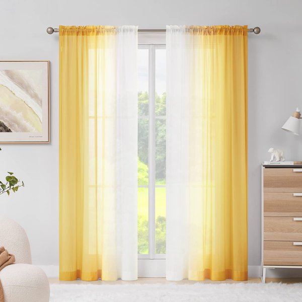 Melodieux Yellow Ombre Sheer Curtains 84 Inches Long for Living Room, Bedroom Chiffon Yellow White Gradient Rod Pocket Voile Drapes, 52 by 84 Inch, 2 Panels