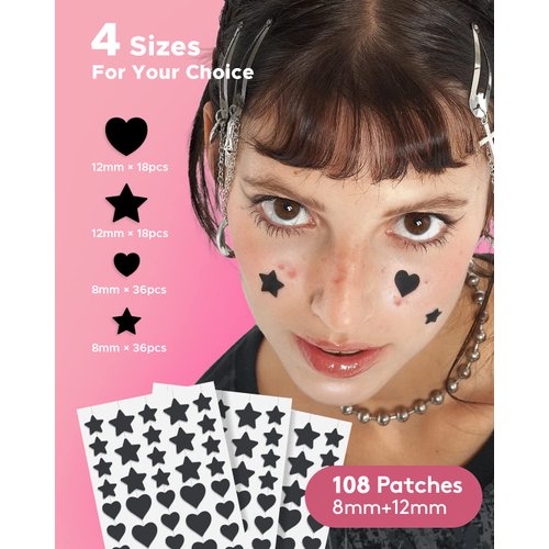 LitBear Acne Patch Pimple Patch, Black Star & Heart Shaped Acne Absorbing Cover Patch, Hydrocolloid Acne Patches For Face Zit Patch Pimple Sticker Acne Dots, Tea Tree Oil + Centella (108 Count)