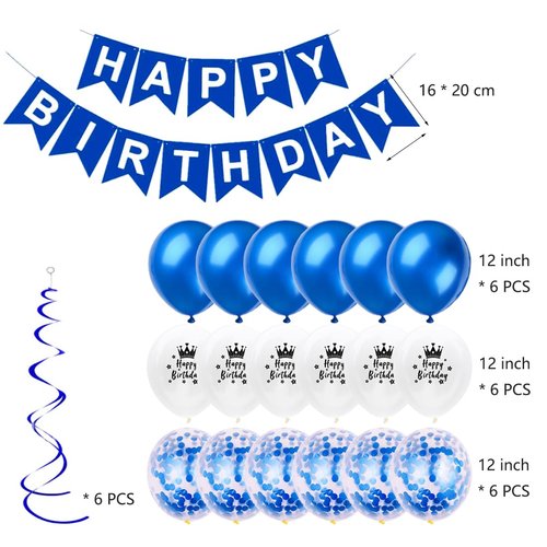 Daimay 16th Birthday Party Decorations Blue Happy Birthday Banner Flag Latex Confetti Balloons Number 16 Foil Balloon Star Mylar Balloons Cake Topper for Men Women Anniversary Party Supplies
