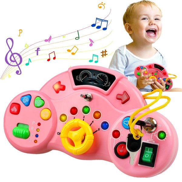 Montessori Toys Busy Board for Toddlers 2-4, LED Musical Light Switch Toys for 1-3 Year Old, Sensory Learning Activities for Kids 2-4, Preschool Educational Travel Toys for Boy Girl Birthday Gift Pink