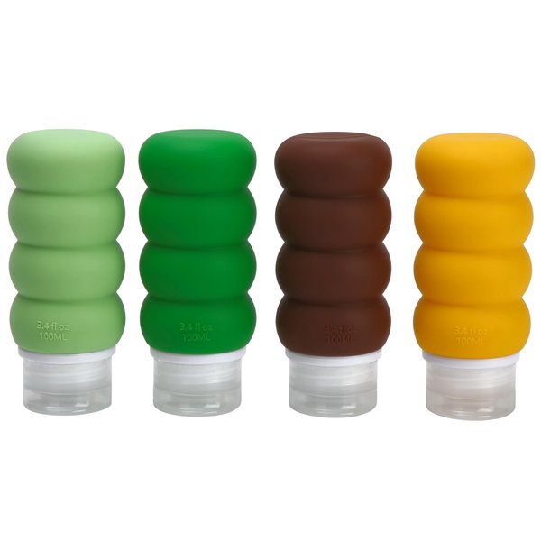 Travel Bottles for Toiletries, TSA Approved Travel Size Containers BPA Free Leak Proof Refillable Liquid Silicone Squeezable Travel Accessory for Shampoo Conditioner with clear bag - 4 Pack, 3.4 oz