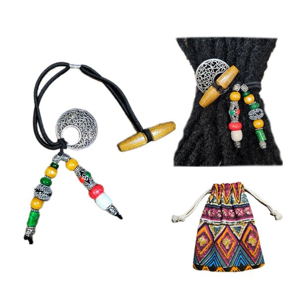 Nutty Natte Handmade Elastic Hair Tie for Dreadlock Accessories Locs Rubber Band Dread Ponytail Holder Jade Gemstone beads Wood Embedded Horn Toggle Bands Thick Hair tie for Men Women