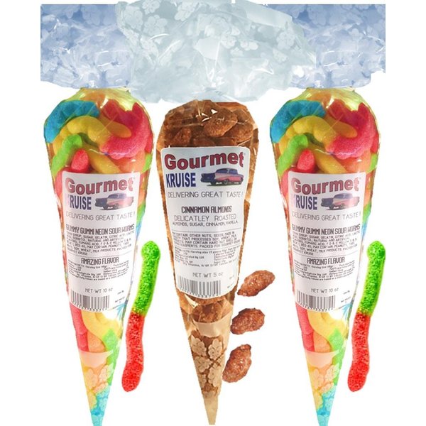 Gummy Worms (2) Neon Sour Worms (1) Almonds Cinnamon Roasted Delicately (NET WT 25 OZ) Gourmet Kruise Signature Gift Bags