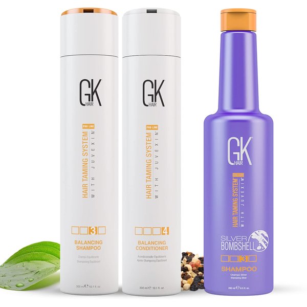 GK HAIR Balancing Shampoo and Conditioner Duo (300ml) Set with Silver Bombshell Shampoo (280ml) - Hair Care Kit for Blonde Toning, Hydration, and Shine