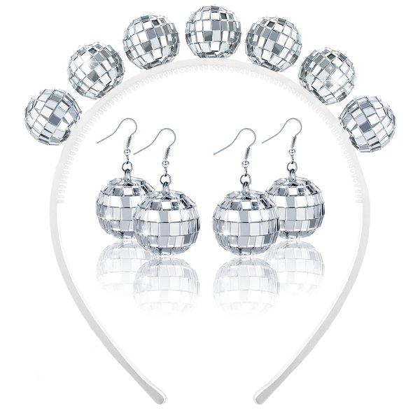 Hicarer 1970s Disco Ball Costume Set 2 Pairs Disco Ball Earrings and 1 Pcs Disco Ball Headband, 70s Vintage Disco Party Outfit Set for Women Costume Party Accessories(Classic Style)