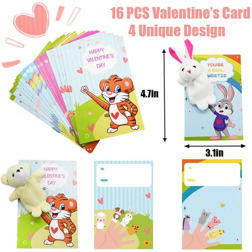 Valentines Day Cards for Kids, 16 Packs Animal Finger Puppet with Valentines Day Card, Plush Finger Puppet Valentines Sets for Kids Classroom Exchange Prizes, Valentine’s Greeting Cards