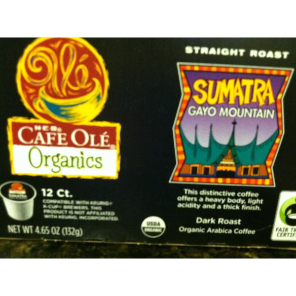 H.E.B. Cafe Ole Organics -Sumatra Gayo Mountain (Straight Roast) one box, 12 count single brew