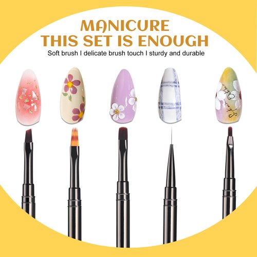 Oneleaf Nail Art Brushes Set-5PCS Nail Tool for Nail Art U V Gel Nail Brushes, Acrylic Nail Brushes, Liner Brushes, Dotting Tools, Dust Brush, Dual End Drawing Pen, Nail Design Kit for Nail Salon Home Use