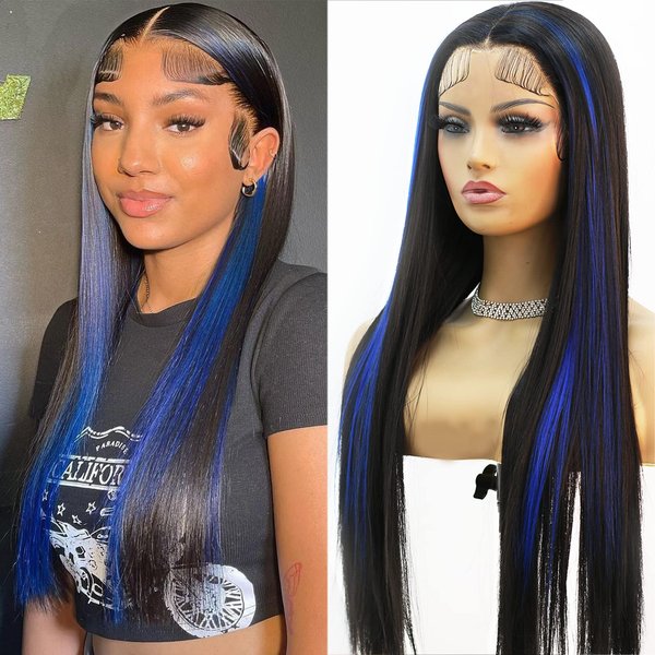 Fugady Blue Highlight Wig Long Straight Lace Front Wig Black and Blue Synthetic Lace Front Wigs for Black Women Pre Plucked with Baby Hair Heat Resistant for Daily Use 24 Inches(Synthetic| 13 * 4 Lace Frontal)