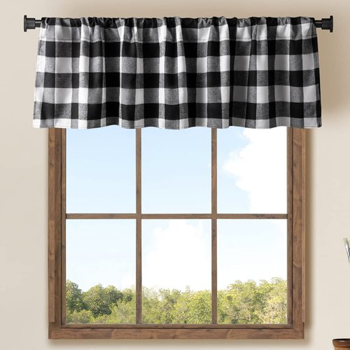 Jola's House 2 Pack Buffalo Check Plaid Window Valances White and Black Light Filtering Farmhouse Design Window Curtains Decor Treatment Rod Pocket Drapes for Kitchen/Living Room 56" x 16"