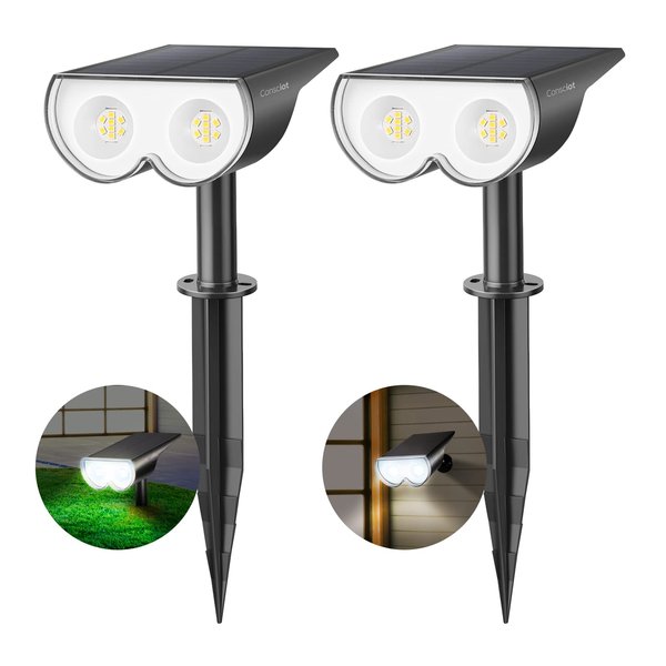 Solar Spot Lights Outdoor, Consciot 16 LEDs IP67 Waterproof Solar Outdoor Lights, Auto On/Off Solar Landscape Spotlights, 2-in-1 Adjustable Wall Lights for Garden Yard Pathway, 2 Pack (Cool White)