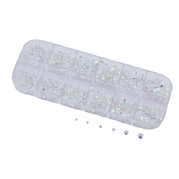 Over 2100 Pieces Transparent AB Flat Back Glass Rhinestones Crystals For Nail Art Kit 6 Sizes (1.4mm - 4.8mm)