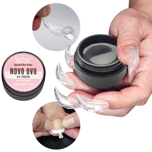 NOVO OVO 8 in 1 Non-Sticky Solid Nail Gel Glue, Strong & Long Lasting UV Nail Glue for Press on and Soft Gel x False Nail Tips, Upgrade 3D Gel for Acrylic Sculpture & Decoration, UV light Cured 20ml