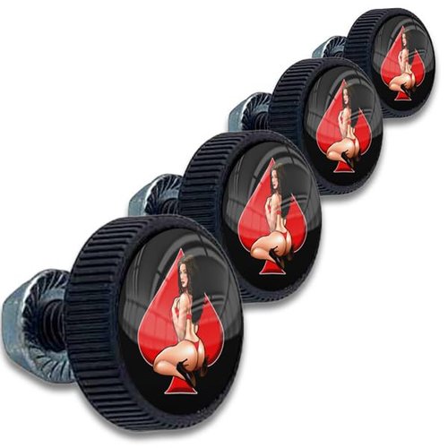 Tricktoppers 4 Black Knurled Motorcycle License Plate Frame Fastener Hardware Tag Bolts Screws Kit Custom Logo (USA Brand) - Vintage Retro Pin Up Girl Red Spade On Black